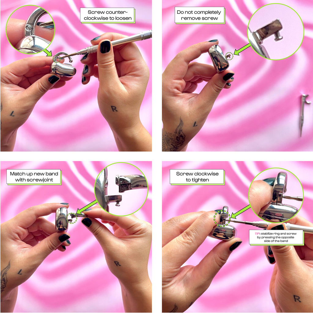 screw counterclockwise, match new band with screw joint