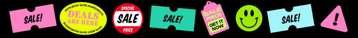 Sale banner with colorful sale icons on a black background     