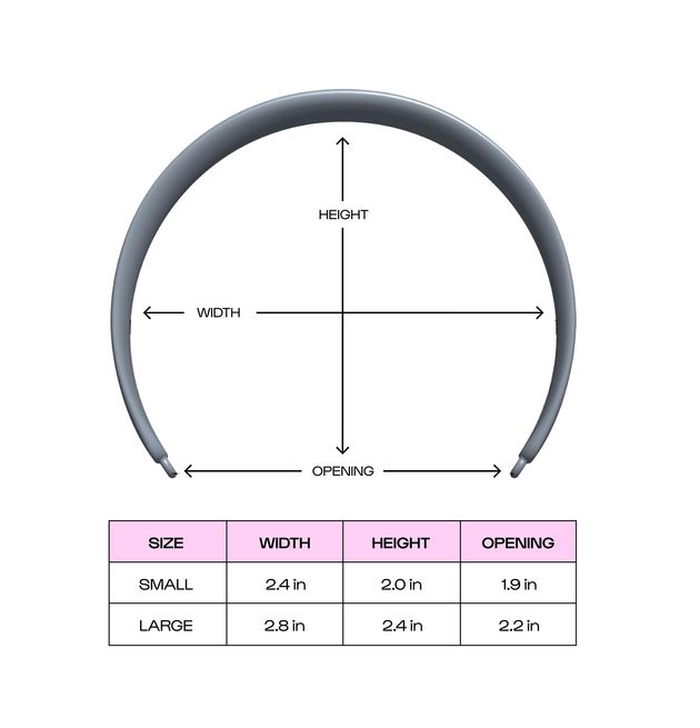 Product size dimensions written out in a diagram. Small is 2.4 inch width, 2.0 inch height, and 1.9 inch opening. Large is 2.8 inch width, 2.4 inch height, and 2.2 inch opening.