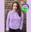 Violet Unbound fleece with green logo in large on 5'2