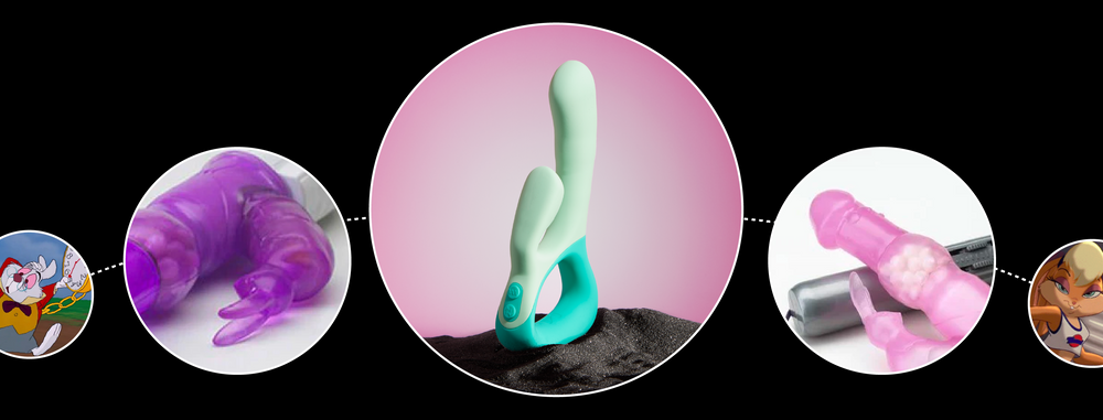 Graphic collage of Clutch Rabbit Vibrator, Vibratex Vibrator, Lola Bunny and White Rabbit from Alice in Wonderland