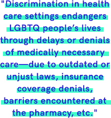 Author quote reading "Discrimination in health care settings endangers LGBTQ people’s lives through delays or denials of medically necessary care—due to outdated or unjust laws, insurance coverage denials, barriers encountered at the pharmacy, etc."