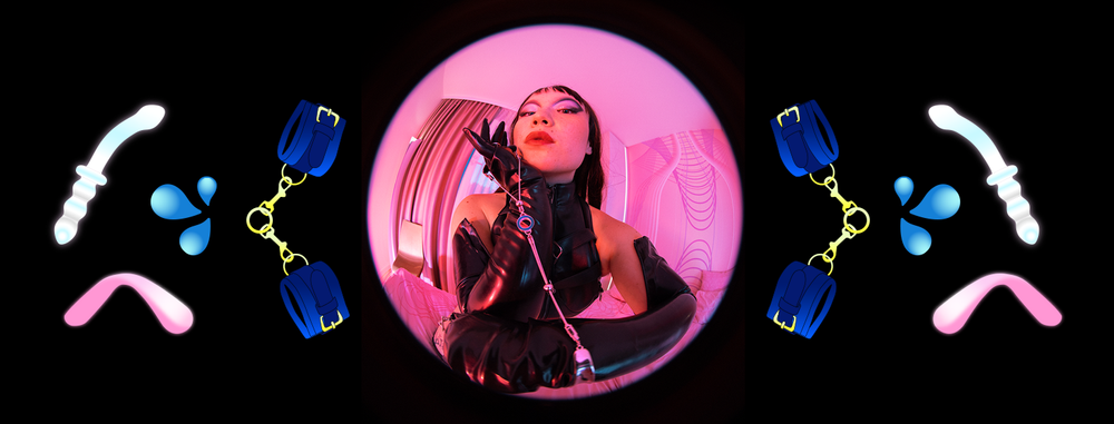 Collage of sex toys surrounding a photo of a femme person modeling hand cuffs