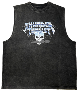 Front view of a dark grey muscle style tank with the Thunderthrust logo and skull holding black vibrator in mouth